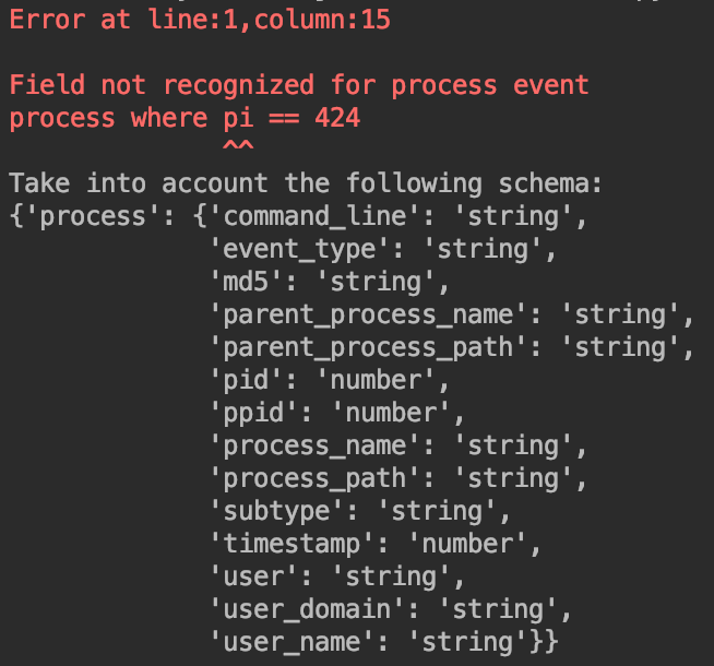 Example EQL syntax error message