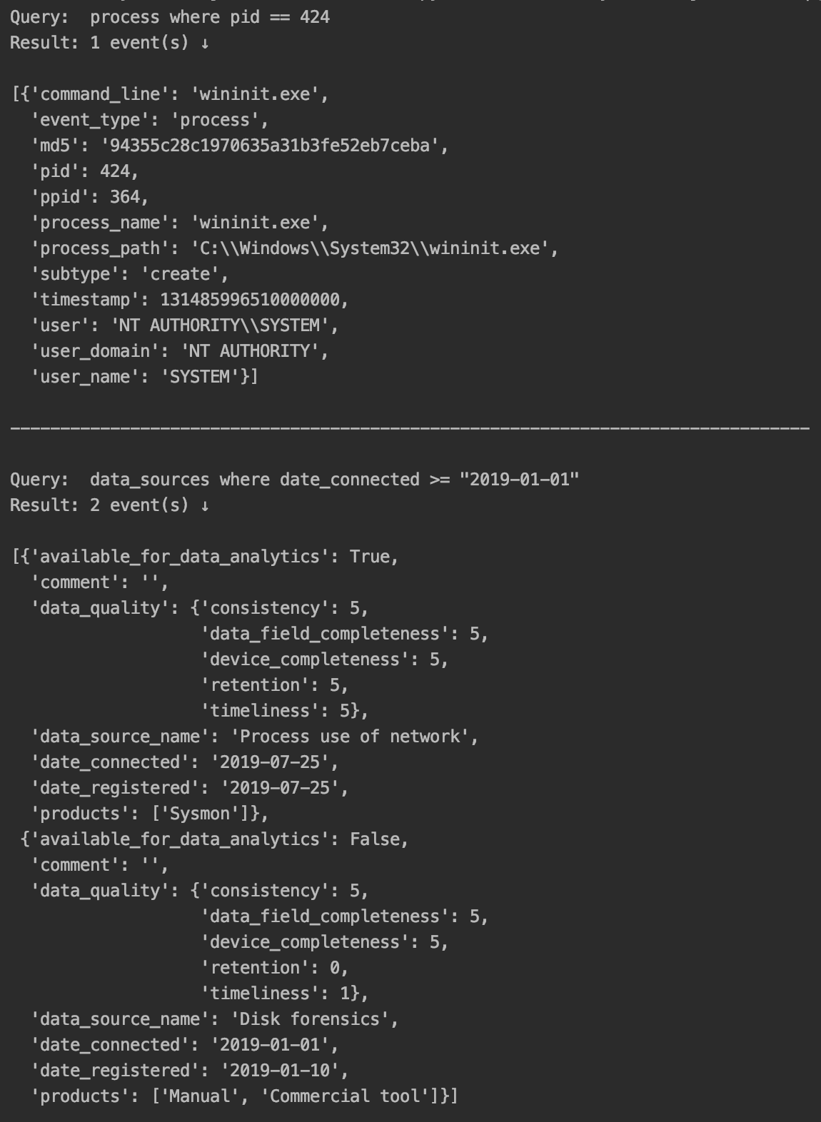 Output of EQL demo tool
